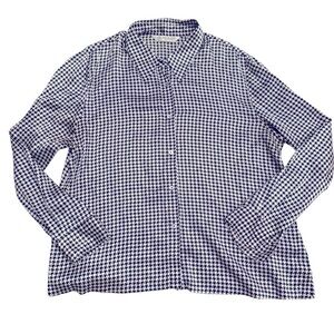 Austin Reed Navy Ivory Houndstooth Blouse Size Large Chic Classic Button Up
